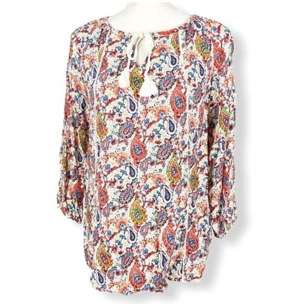 S/I Studio Boho Paisley Keyhole Tie Neck Blouse Size Small